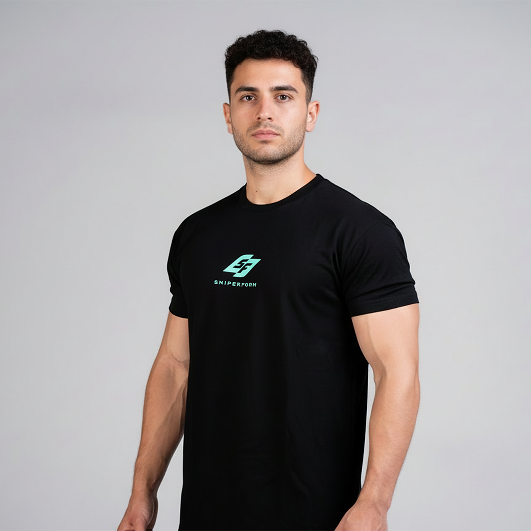 Black Sniperform OG Tee front view 180GSM cotton gym shirt