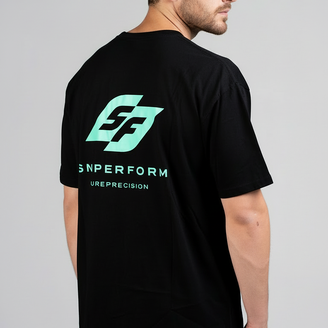 Back view of Sniperform OG Tee showing turquoise logo and Pure Precision text