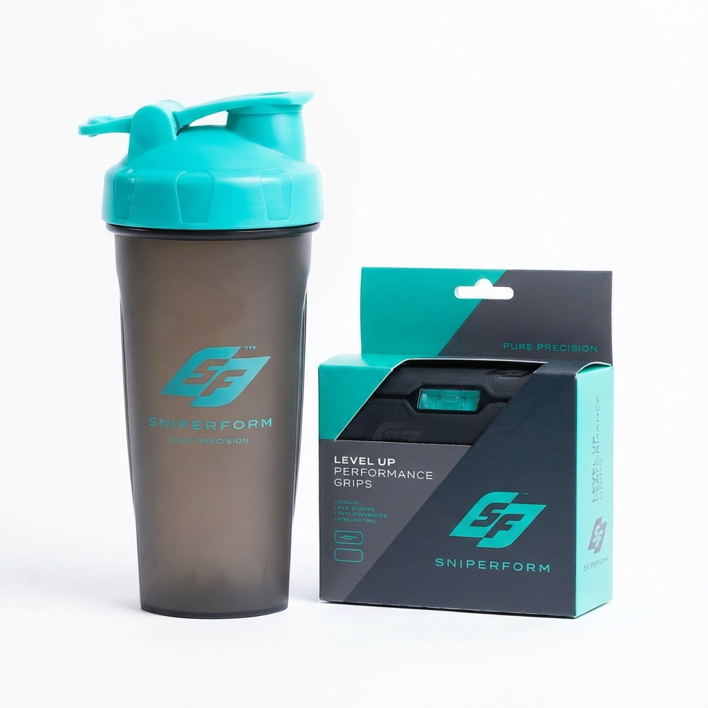 Sniperform LevelUp Performance Grips bundle with free Protein Mixer shaker - gym training kit on white background